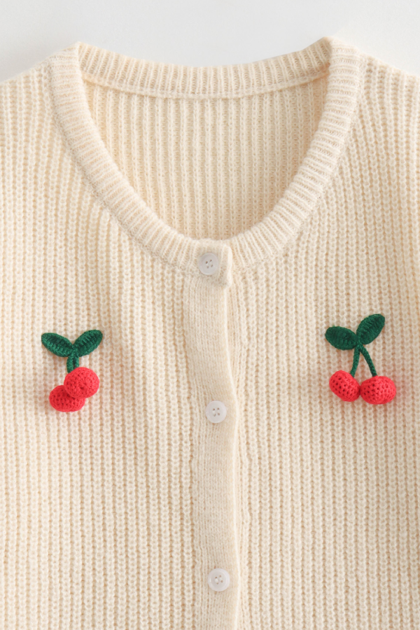 V-neck Cherry Embellished Cardigan Cropped Knitted Sweater