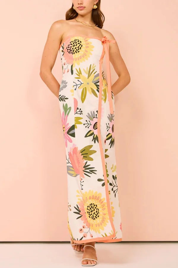 Inessa Linen Blend Floral Print Strapless Wrap Bow Maxi Dress