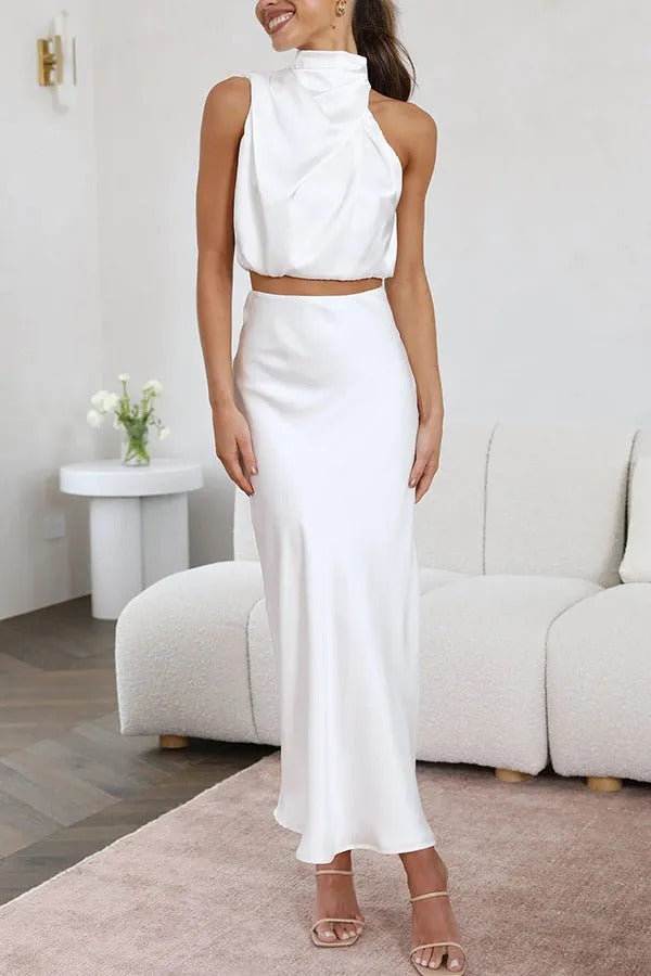 Such A Vibe High Neck Satin Drape Maxi Skirt Set