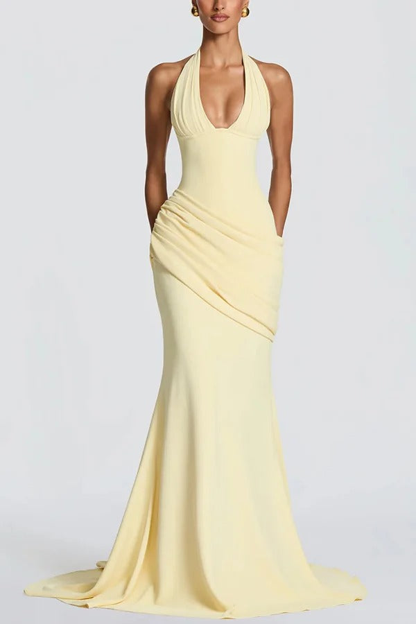 Nehemia Halter V-neck Back Lace-up Asymmetric Pleated Panel Drapes Maxi Dress