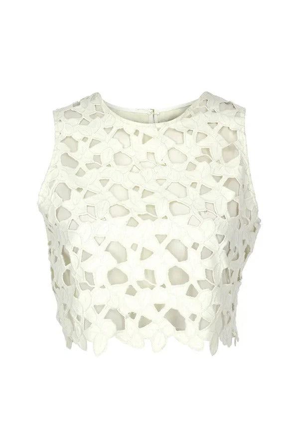 A White Summer Dream Embroidered Floral Lace Crop Tank Top