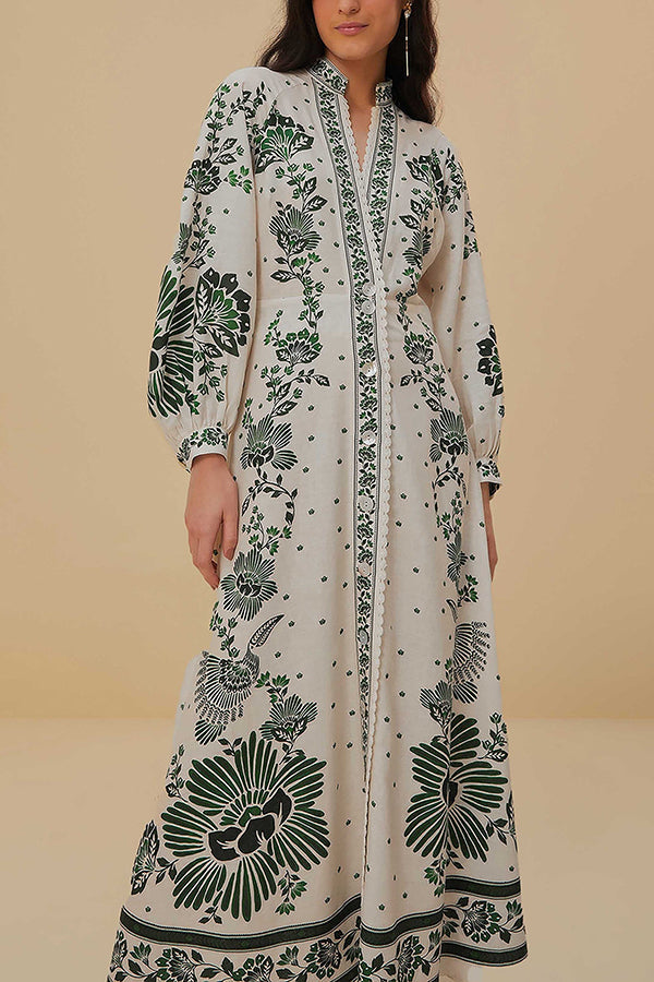 Unique Print Button Down Long Sleeve Shirt Maxi Dress