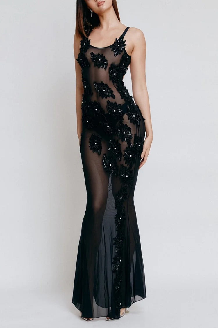 Rhinestone Floral Mesh See Through Backless Party Slip Fishtail Maxi Dresses-Black