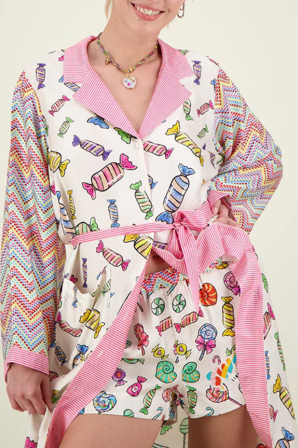 Sweet As Candy Unique Print Patchwork Belt Pocketed Long Shirt Coat