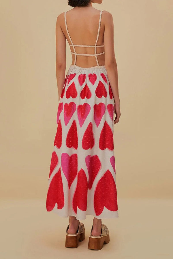 Full of Love Heart Shape Print Cutout Spaghetti Strap Backless Maxi Dress