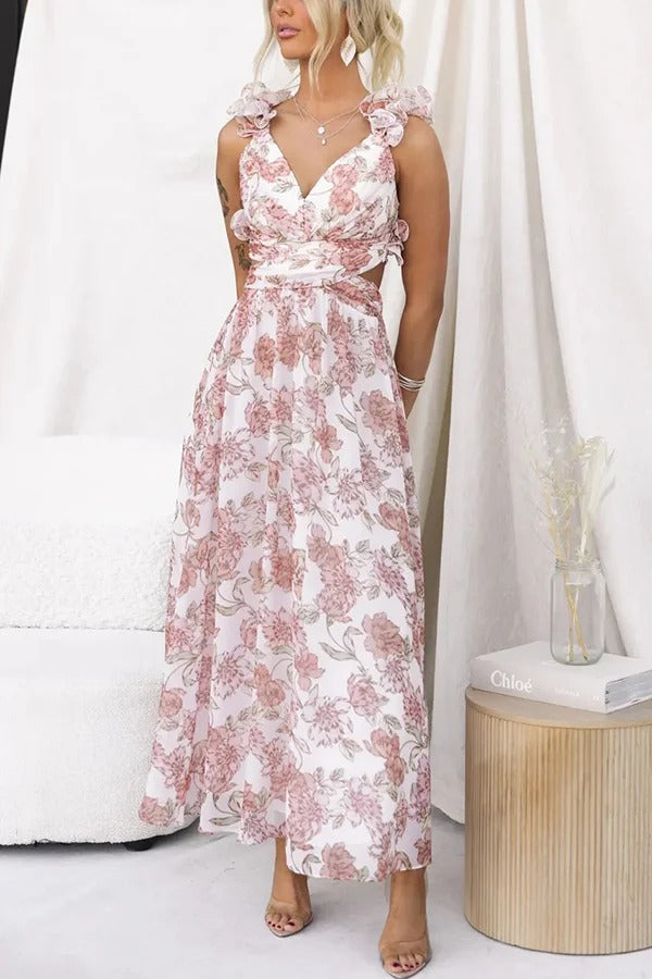 Luciana Chiffon Floral Print Ruffle Detail Back Lace-up Elastic Waist Maxi Dress