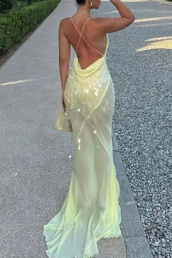 Perfect Night Sequin Embroidery Backless Drape Tulle Hem Slip Maxi Dress