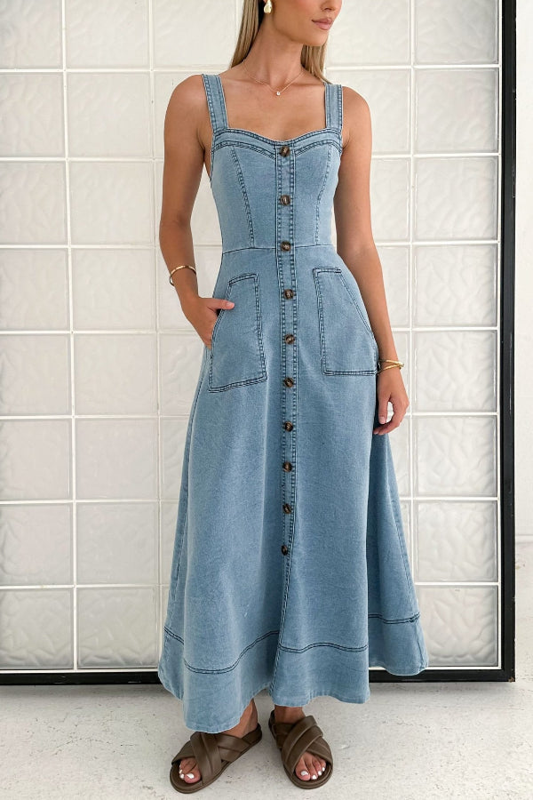 Solid Color Suspender Pocket Button Slim Denim Midi Dress