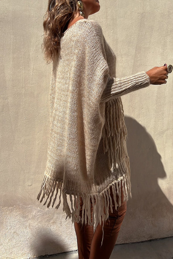 Coming with You Knit Tassel Trim Pocketed Loose Sweater