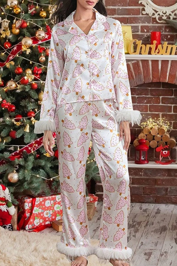 Christmas Print Feather Trim Elastic Waist Pocket Pajama Set