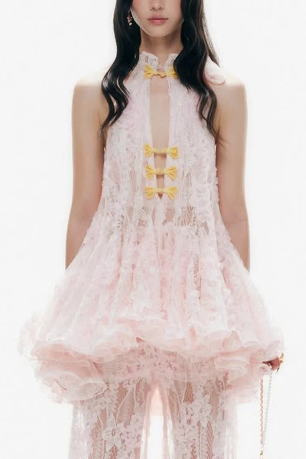 Cheongsam Style Lace Stand Neck Knots Button Ruffle Flare Hem Top