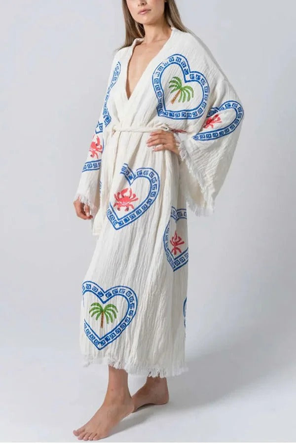 Maia Linen Blend Unique Print Belt Swimwear / Lounge Cover-up Robe