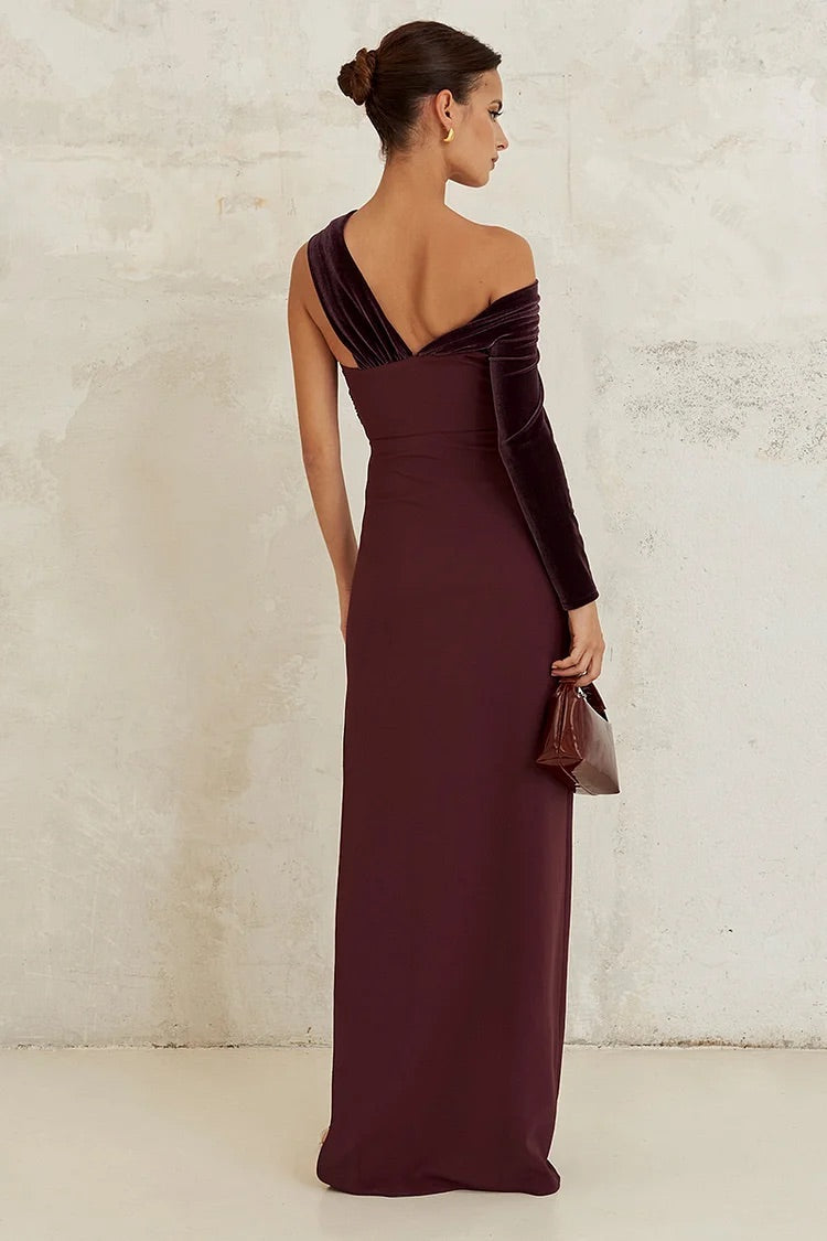 Velvet Patchwork Gowns Asymmetric Maxi Dresses-Burgundy