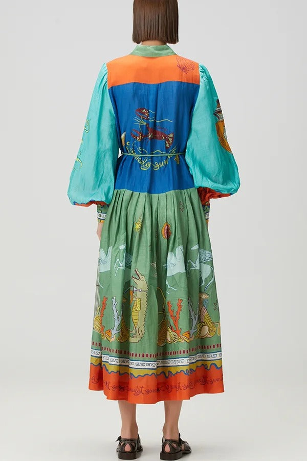 Puts A Smile – Midikleid mit einzigartigem Print, Revers und Laternenärmeln sowie Taillenschnürung