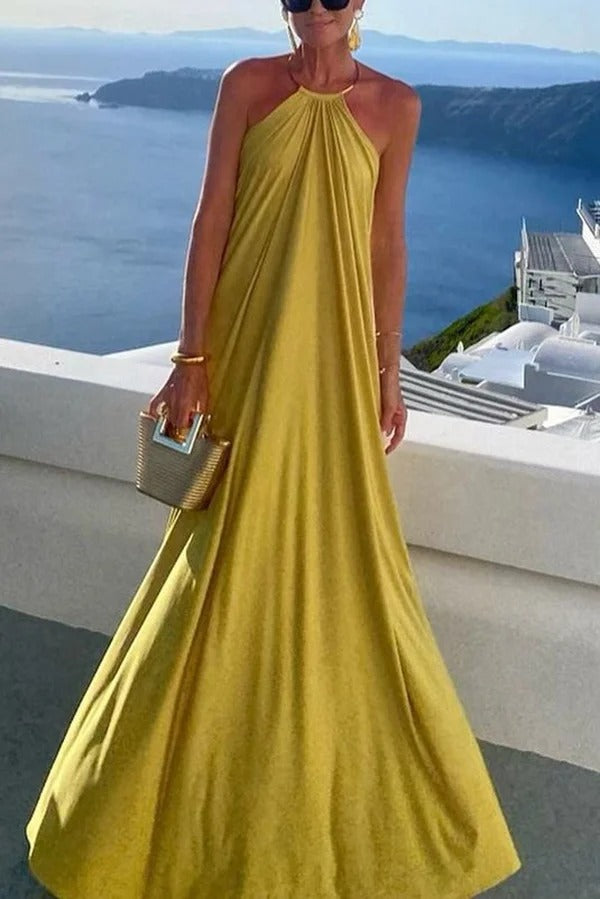 Solid Color Resort Style Halter Neck Open Back Large Hem Maxi Dress