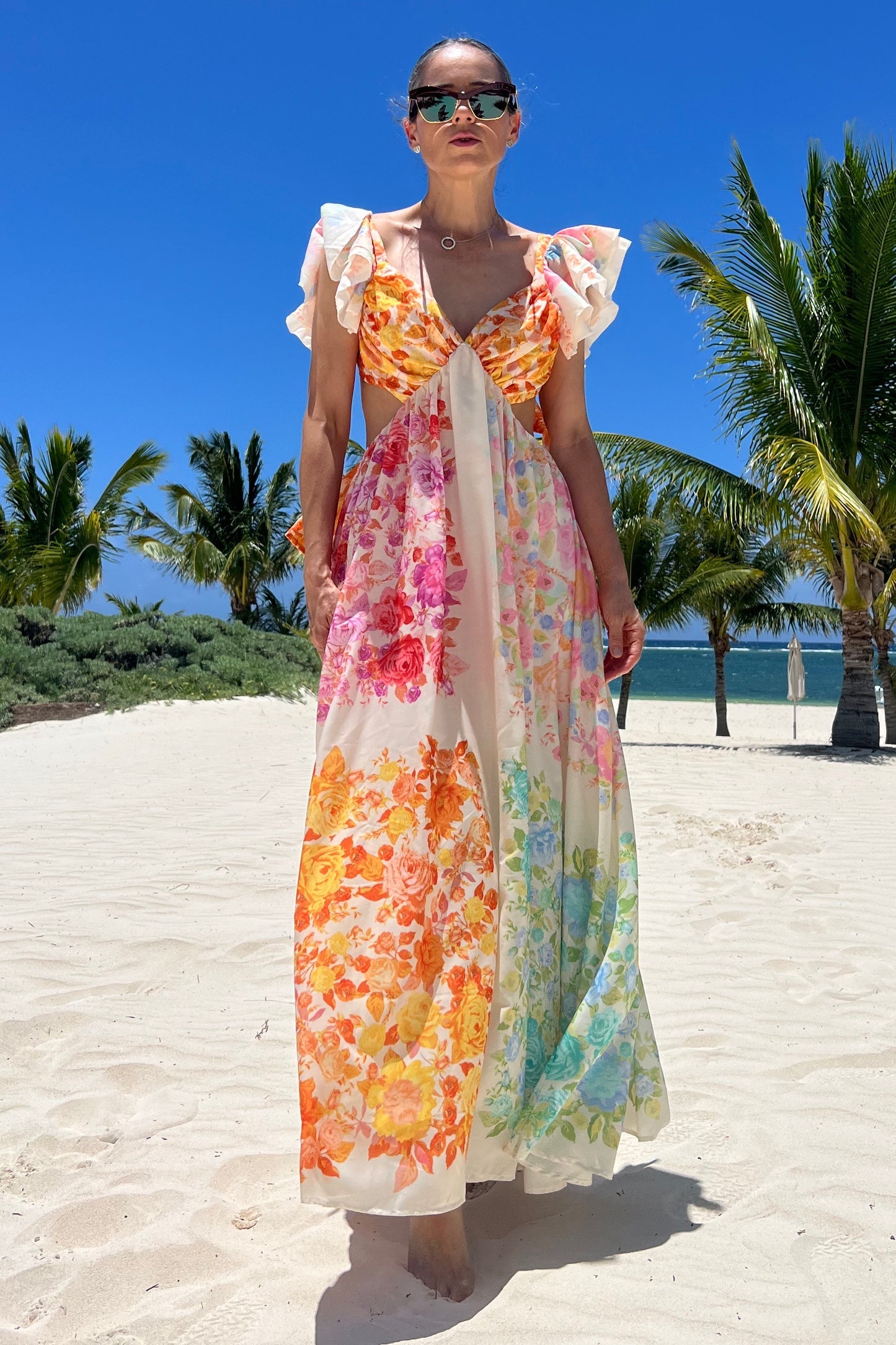 BLOOMING BEAUTY MULTICOLOR FLORAL FRILL CUTOUT BACK TIE-UP MAXI DRESS