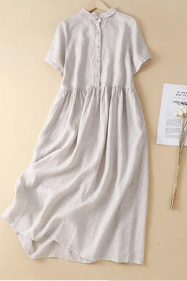 Cotton Linen Short Sleeved Solid Color Casual Dress