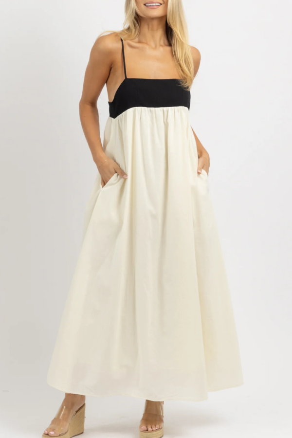 Linen Blend Sexy Sling Backless Contrast Maxi Dress