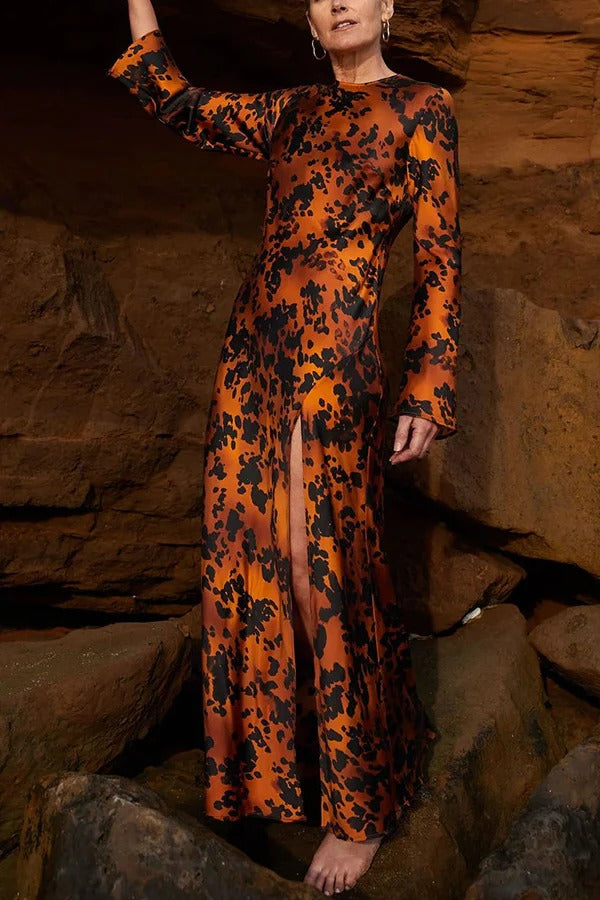 Decorate Autumn Satin Printed Long Sleeve Slit Loose Maxi Dress