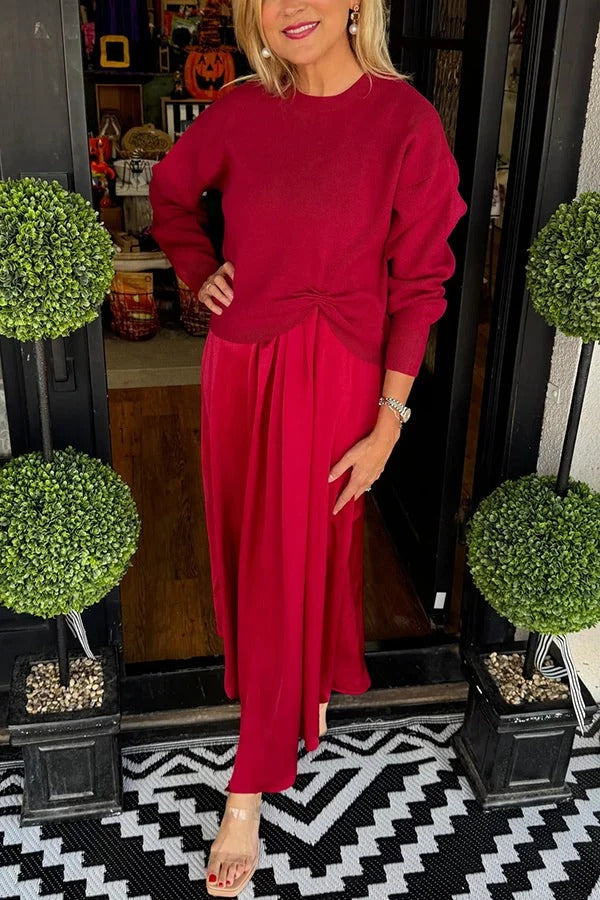 Practical Fashion Knit Ruched Sweater and Satin Stretch Tank Midi Dress Two-piece Set