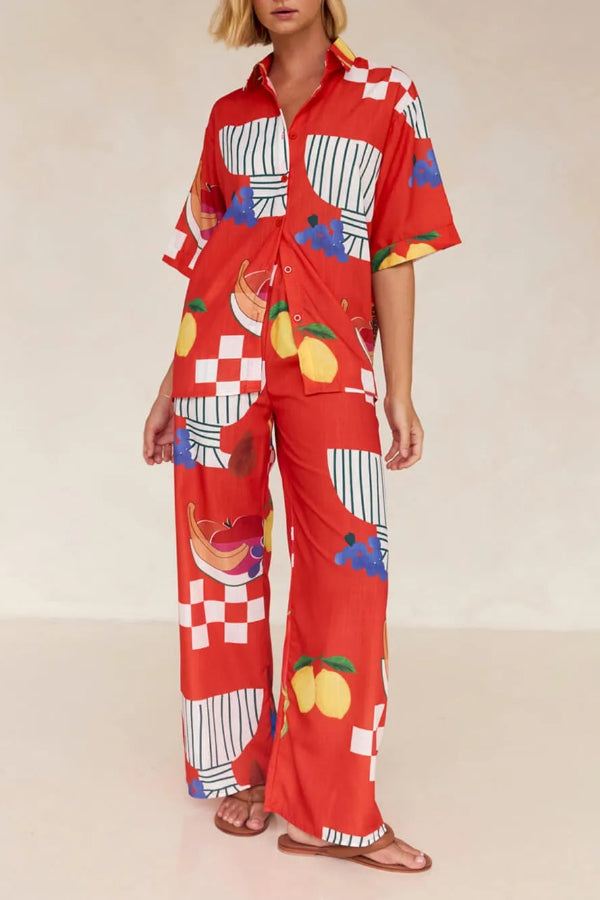 Unique Fruit Print Holiday Loose Shirt Wide Leg Pants Suit