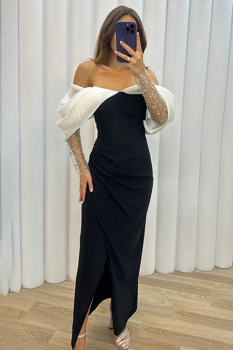 Elegant Off Shoulder Rhinestone Long Sleeve Colorblock Formal Party Maxi Dresses-Black