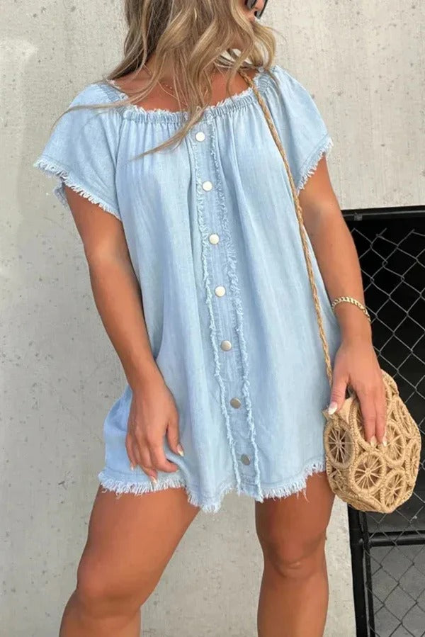 Fashionable Off Shoulder Short-sleeved Loose Denim Mini Dress