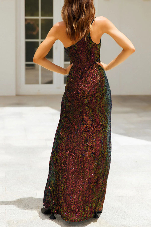 Stunning Views Sequined One Shoulder Slit Maxi Dress