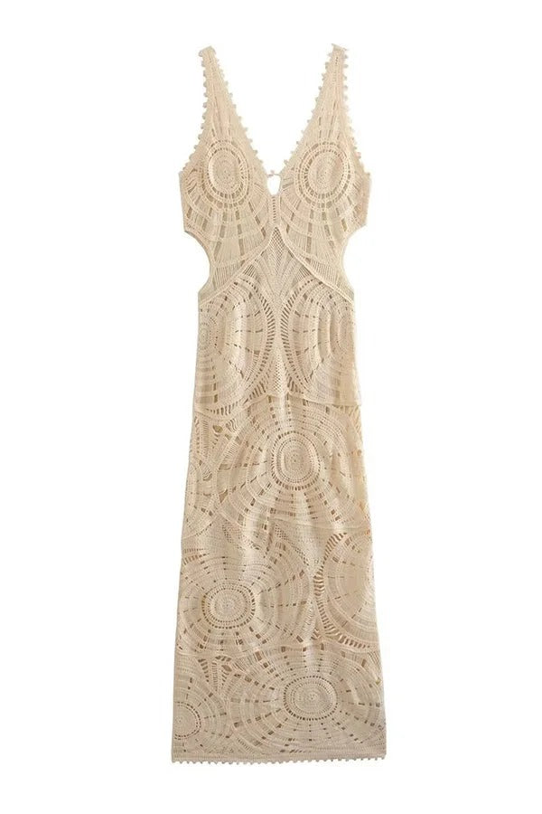 On Vacay Time Crochet Lace Cutout Waist Coverup Stretch Maxi Dress