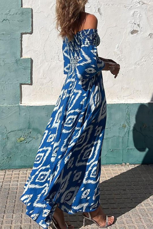 Close To The Vacation Ethnic Print Smocked Off Shoulder Pocketed Maxi Dress