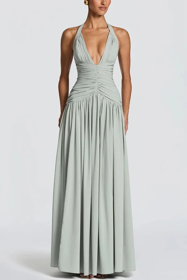 Amaris Halter Tie-up V-neck Ruched Detail Back Lace-up Slit Drape Maxi Dress