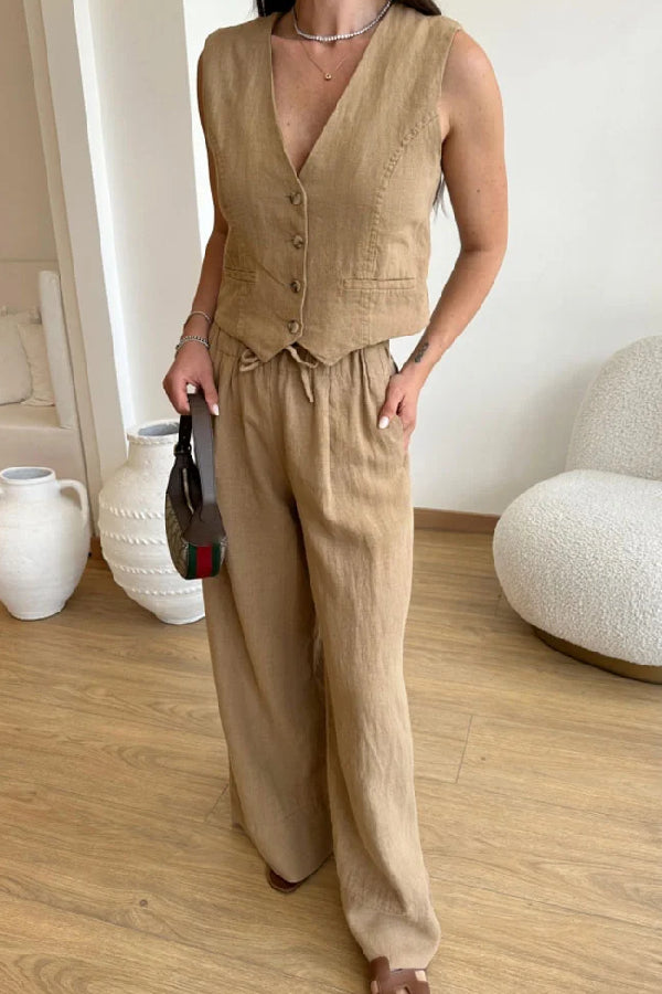 Casual Solid Color Cotton Linen Vest & Lace-Up Pants Two-Piece Set