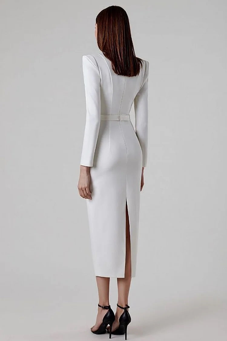 Plain Irregular Neck Corset Long Sleeve Bodycon White Midi Dresses