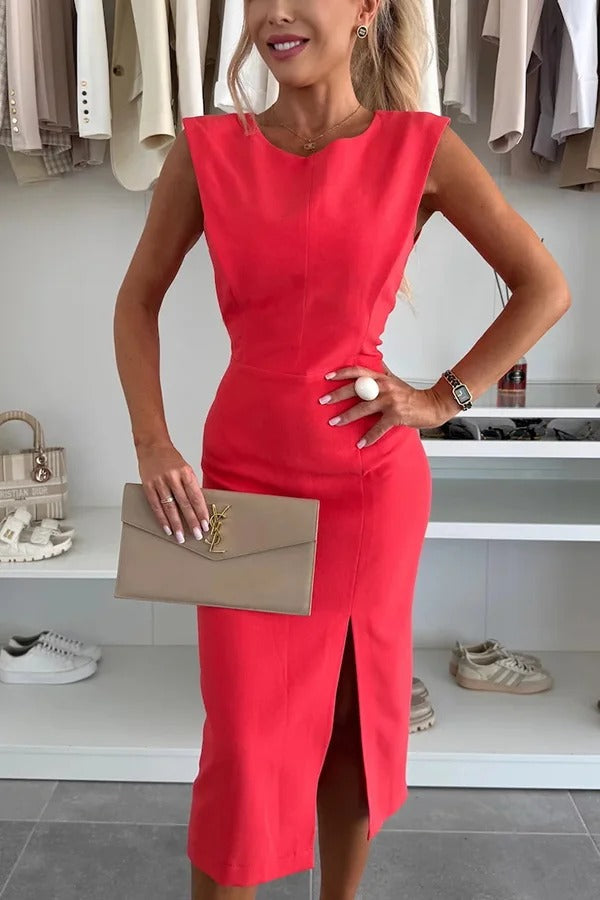 Robe mi-longue fendue, couleur unie, col rond, sans manches, coupe ajustée