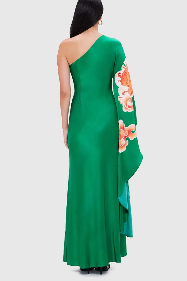 Elegance and Grace Satin Dragon Print One Shoulder Drape Sleeve Maxi Dress