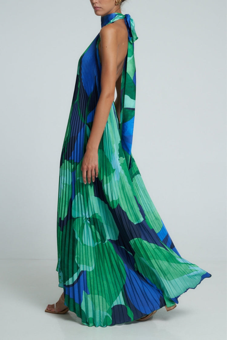 Opera Pleated Colorblock Camouflage Print Cutout Halter A-line Maxi Dress