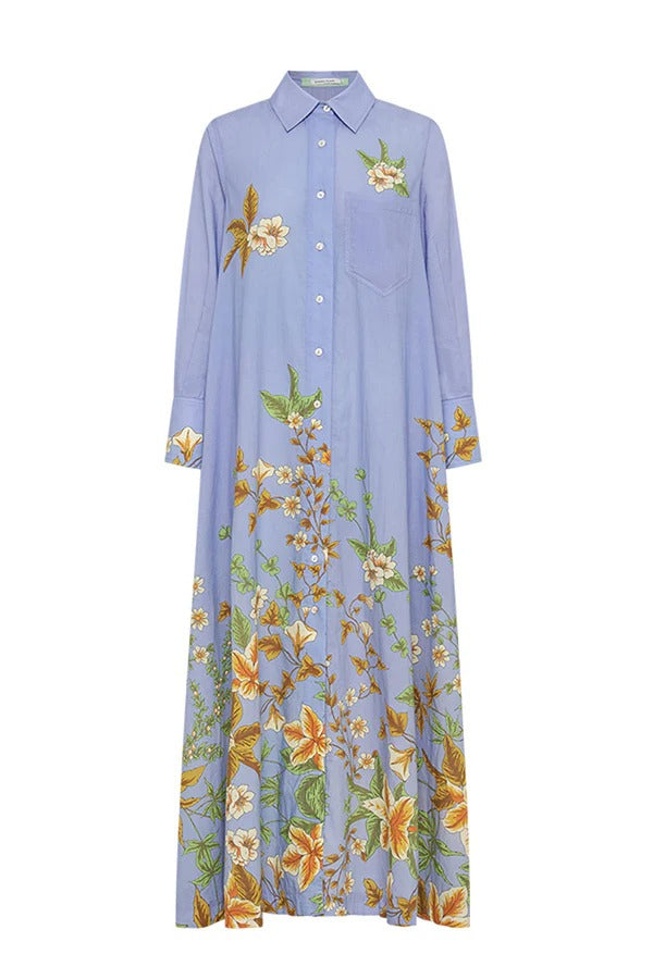 Opera Unique Floral Print Long Sleeve Pocket A-line Shirt Maxi Dress