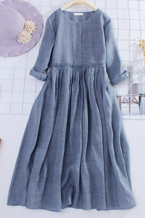 Medium Sleeved Cotton Linen Loose Lace Up Large Swing Dress