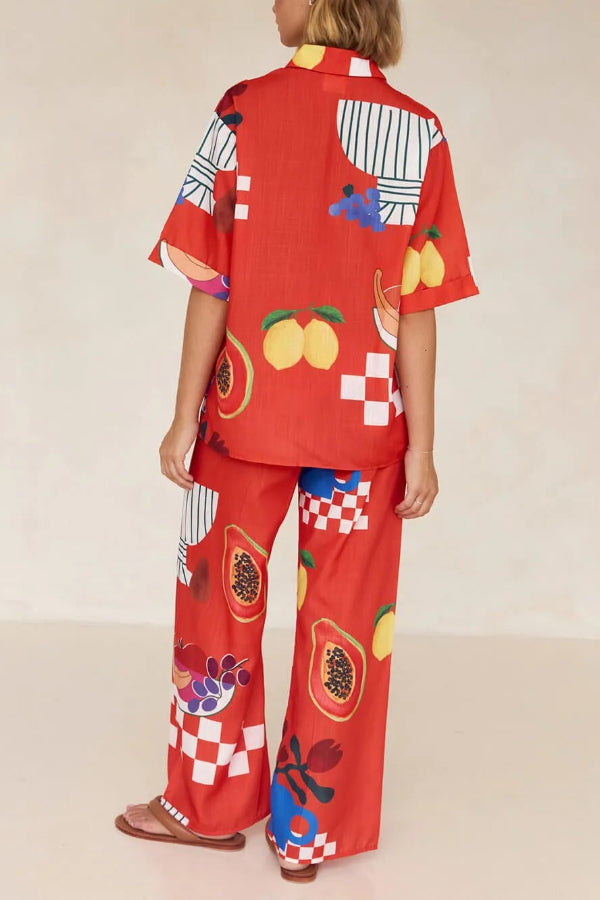 Unique Fruit Print Holiday Loose Shirt Wide Leg Pants Suit