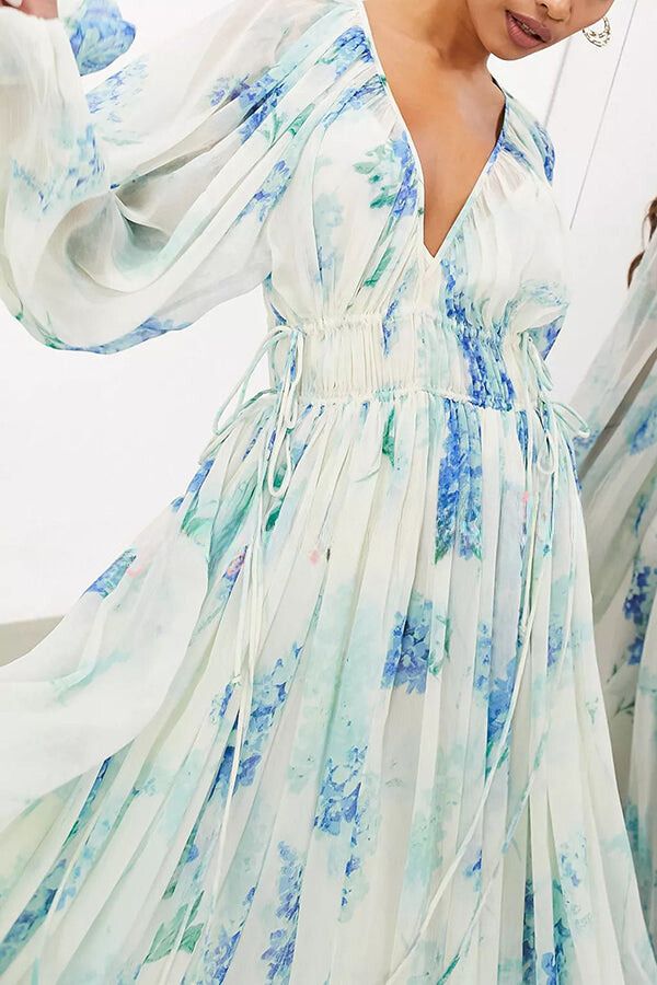 HEADED TO THE OCEAN CHIFFON FLORAL DRAWSTRING WAIST MAXI DRESSES