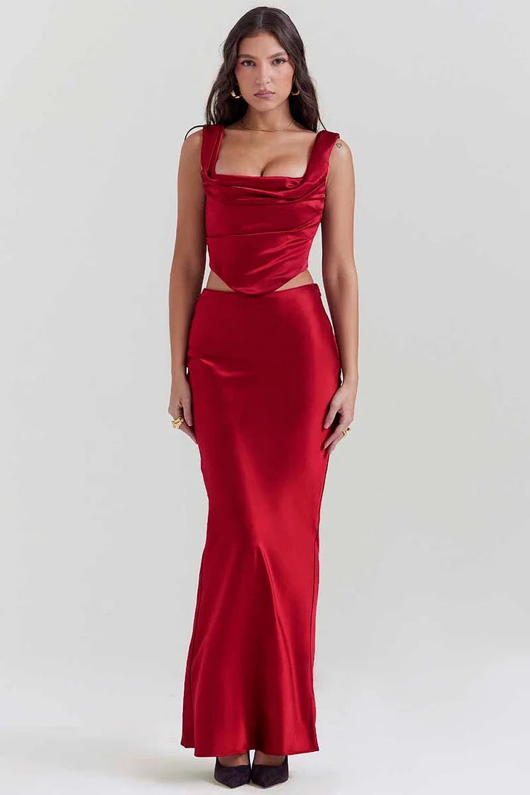 Square Neck Lace Up Sleeveless Top Bodycon Satin Maxi Skirt Formal Party Matching Set-Red