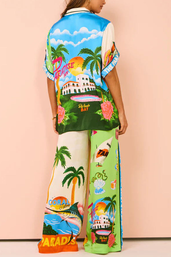 Kissed By The Sun Satin Unique Print Colorblock Button Down Oversized Blouse