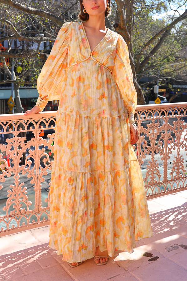 Ochre Cloud V-neck Loose-fitting Puff Sleeve Maxi Dress