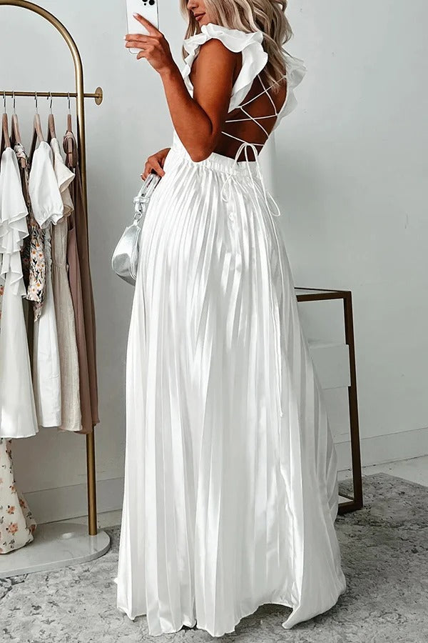 Opulent Occasion Satin Pleated Ruffle Sleeve Back Lace-up Maxi Dress