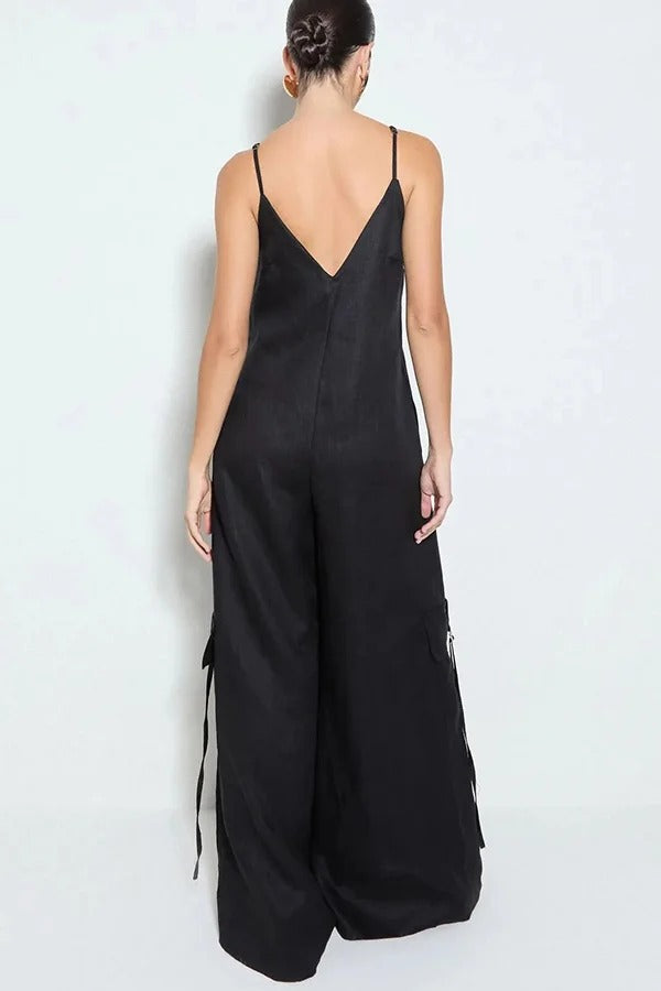 Zola Center Front Zipper Pocketed Wide Leg Loose Cargo Slip Jumpsuit