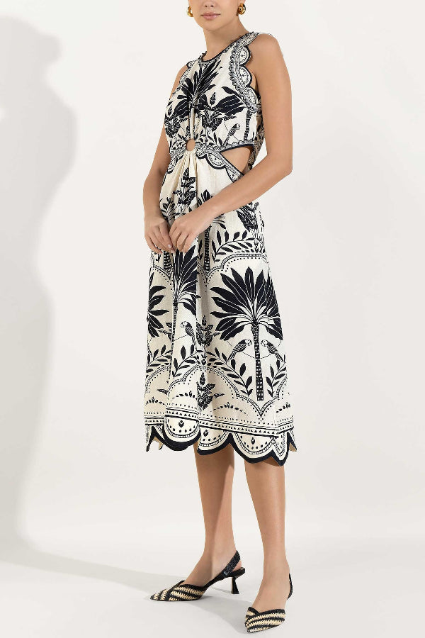 Naiara Palm Print Sleeveless Scalloped Trim Midi Dress