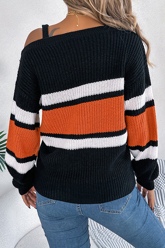 Striped Contrasting Metal Buckle Loose Long-sleeved Knitted Sweater