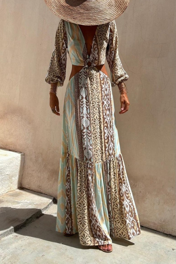 Sefora Unique Color Block Print Long Sleeve Ring Cutout Back Tie-Up Maxi Dress