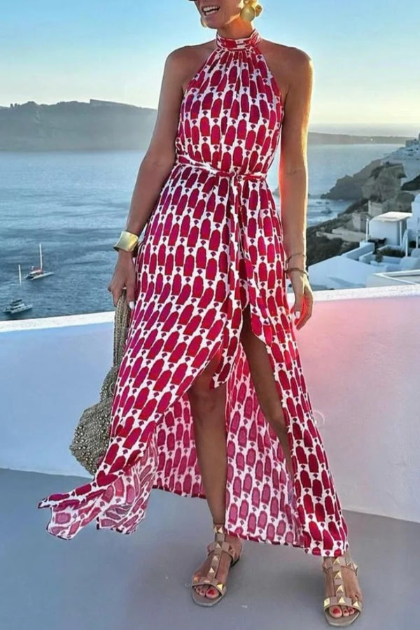 Unique Printed Sleeveless Halterneck Tie-waist Slit Maxi Dress