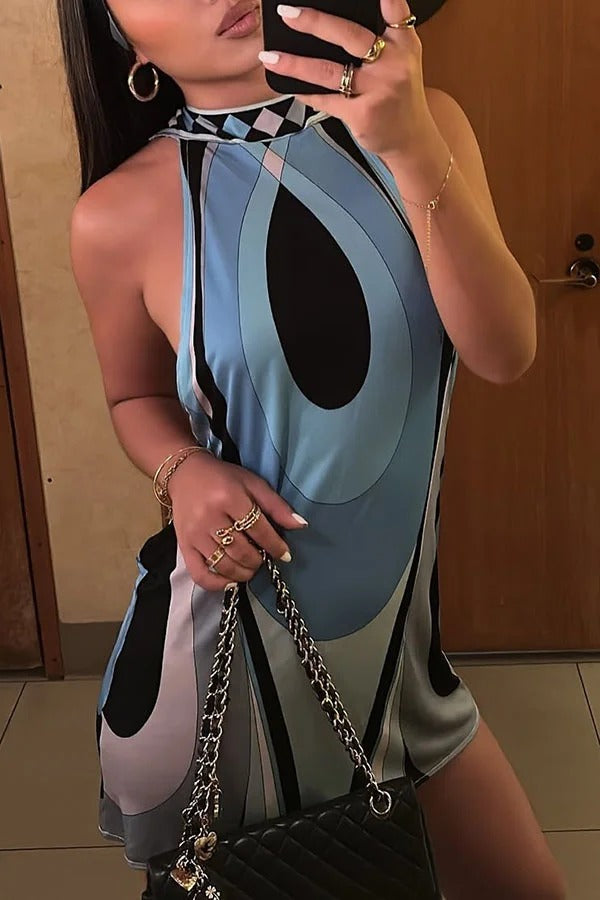 Beach Muse Unique Print Halter Backless Loose Mini Dress